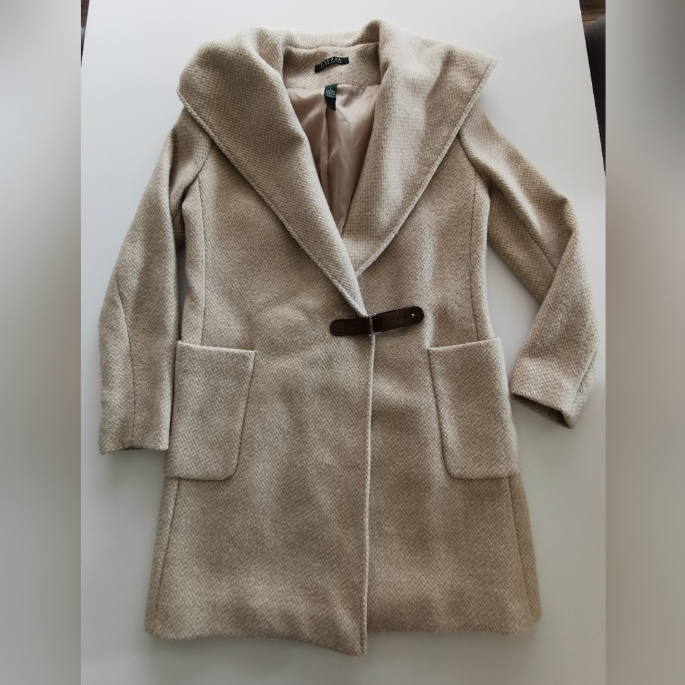 Last Chance Lauren Ralph Lauren Cream Beige Hood Wrap Coat With Buckle Detail